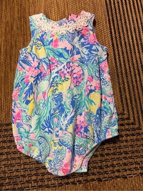 Lilly Pulitzer Pink Blue Floral Baby Romper with Lace Trim